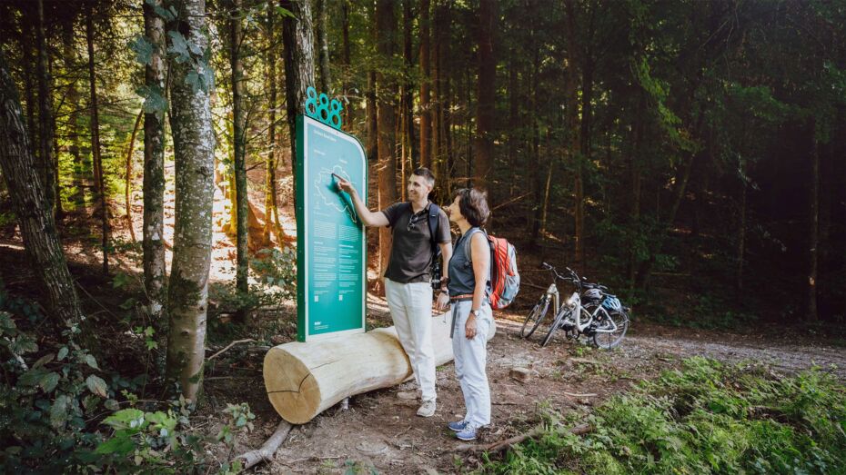 Ein Mann und eine Frau stehen vor einer Informationstafel im Wald im Köniztal