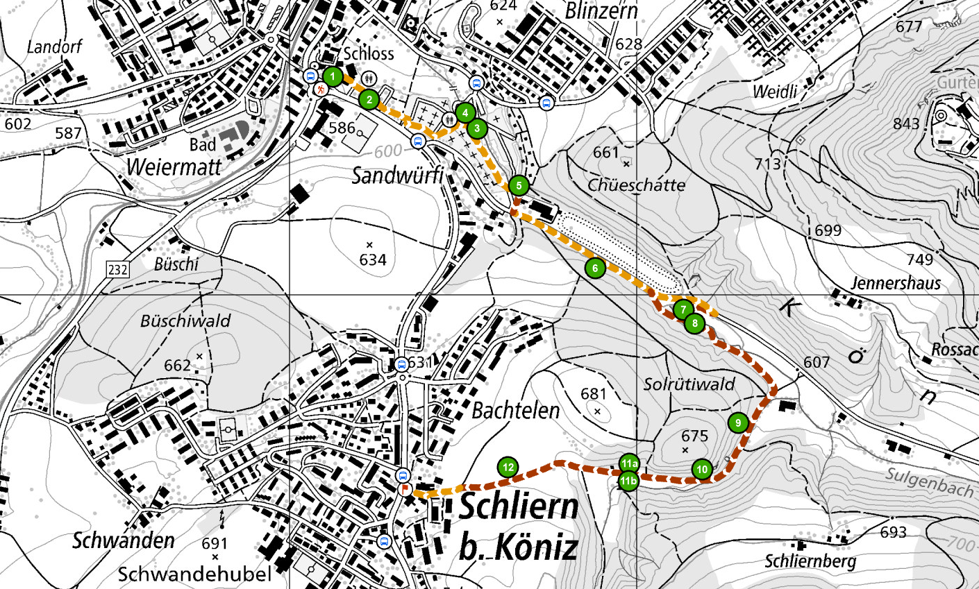 Kartenausschnitt mit der Spaziergang-Route